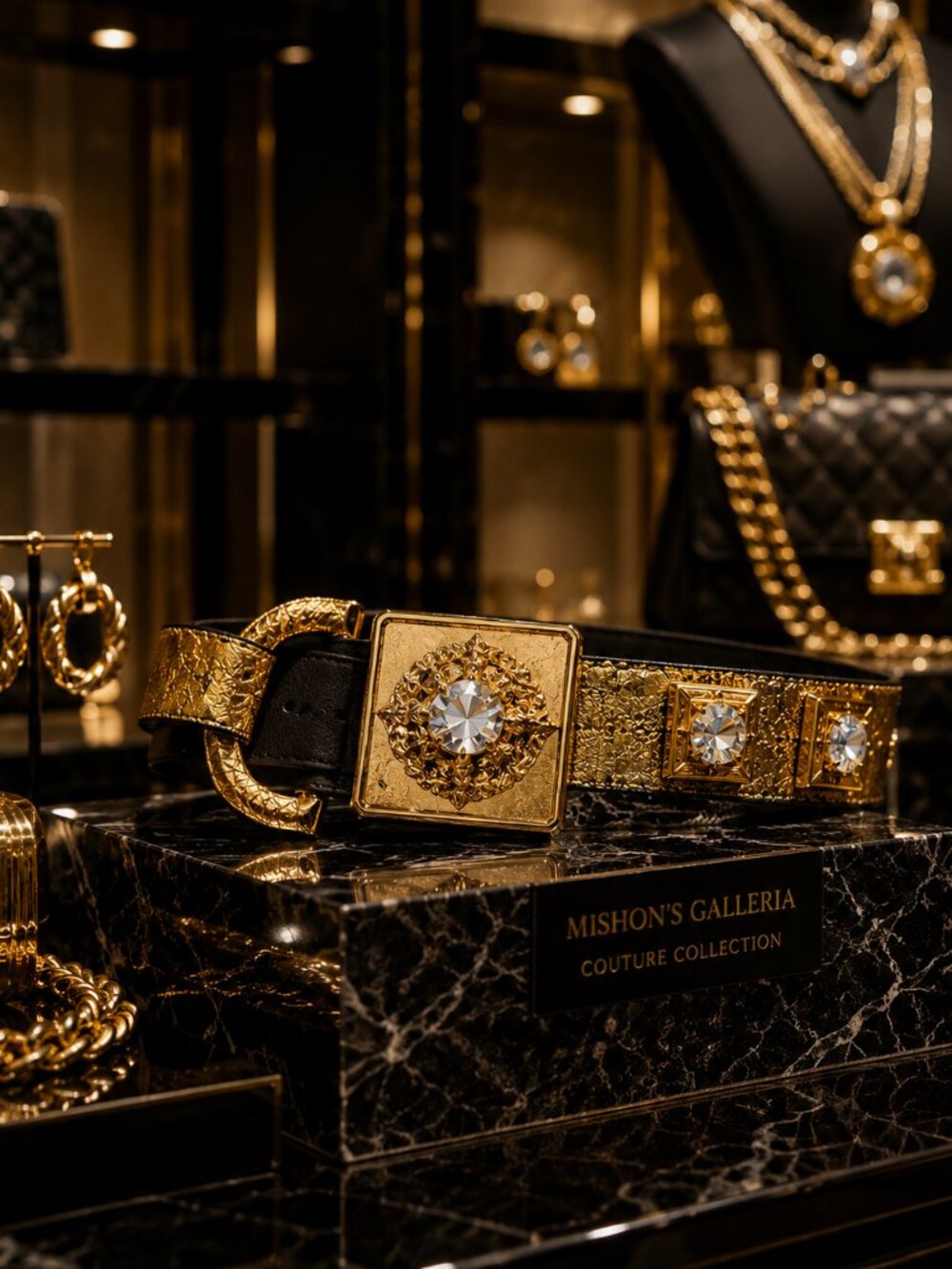 Gold Crystal Statement Waist Belt Sculptural Buckle Adjustable Runway Style - Picture 7 of 11